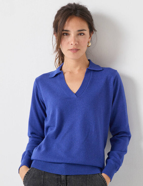 Pull col polo, laine d'agneau (bleu dur) Pull col polo, laine d'agneau (bleu dur)